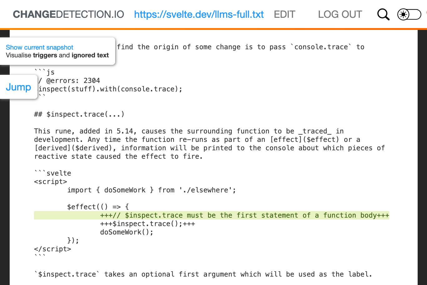 Screenshot of a raw text diff from changedetection.io