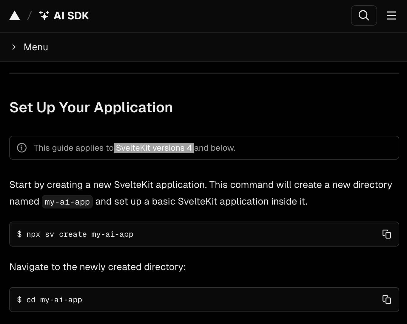 Screenshot of the official Vercel AI SDK Getting Started guide.