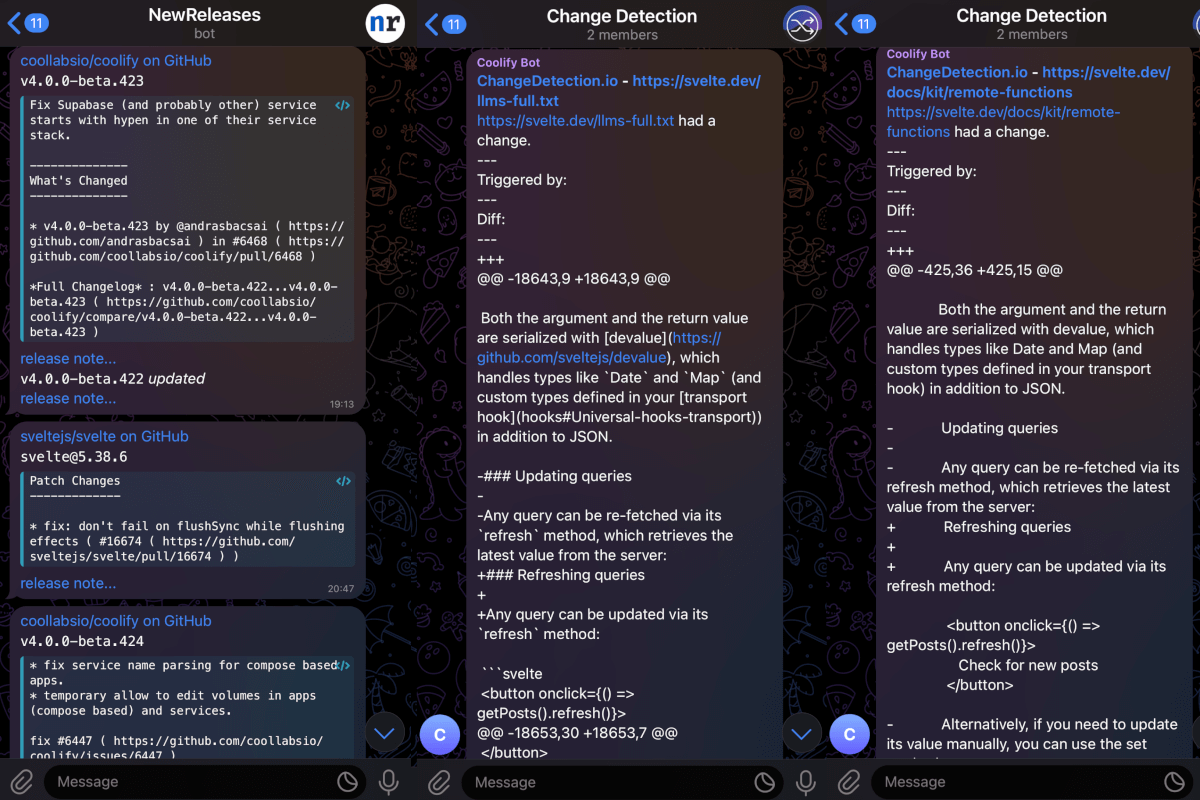 Screenshot of 3 Telegram channels with newreleases.io listing changelogs from Svelte and Coolify, and a Telegram channel for changedetection.io which lists diffs for svelte llms.txt and remote functions documentation