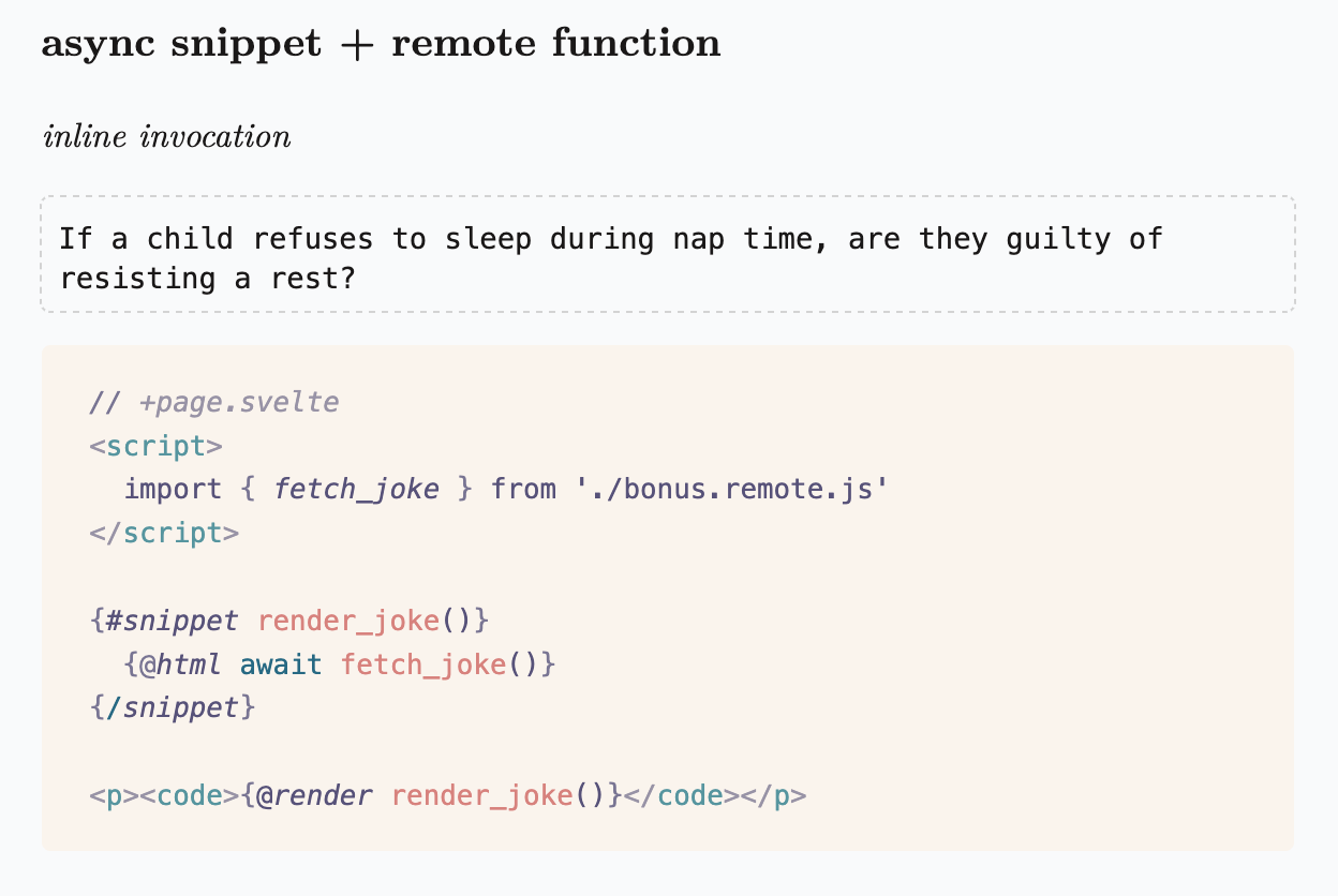 Screenshot of the linked Svelte 5 Async + Remote functions snippet