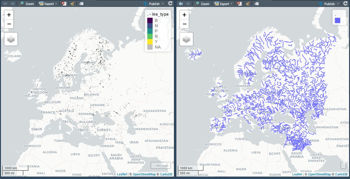 Supplemental data for European lakes (on the left) and rivers (on the right) from Natural Earth. Displayed with mapview of course!